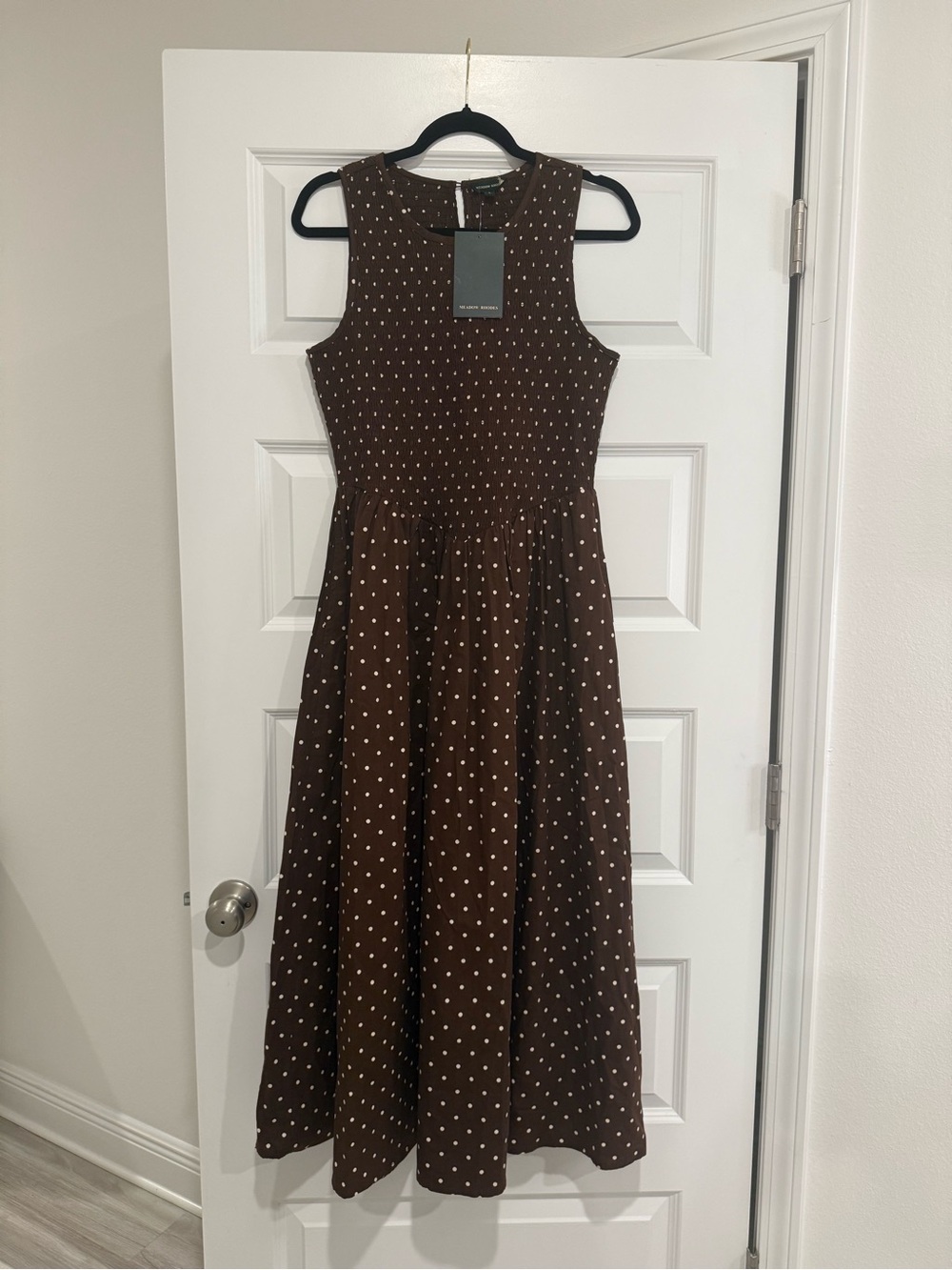 Anthropologie Medow Rhodes Brown Polka Dot Sleeveless Midi Dress - Picture 2 of 5